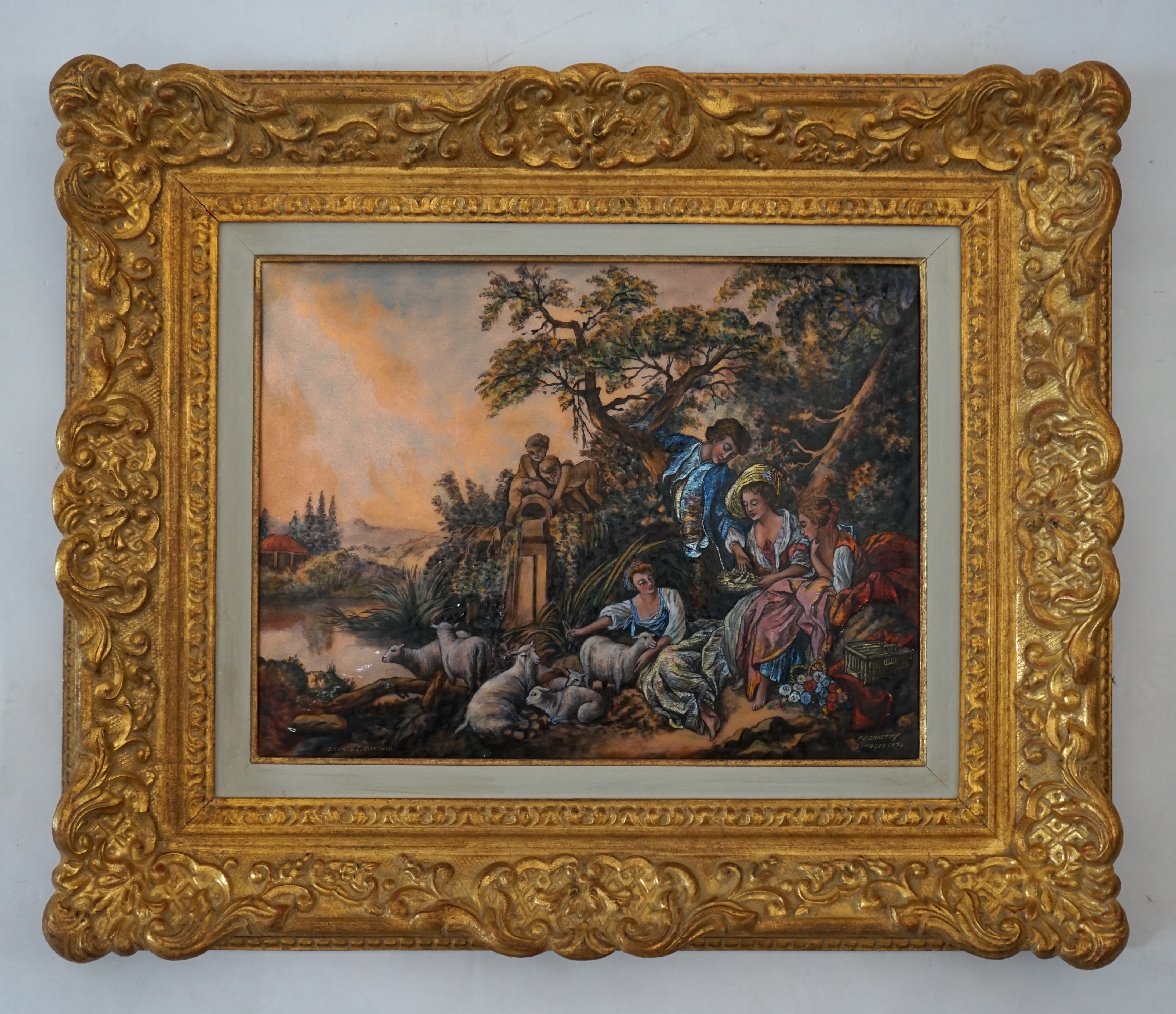 Pierre-Henri Bonnet after Boucher, a Limoges enamel plaque depicting an 18th century lady with birds nest, attendants and sheep, signed and dated 1974, 30 x 40cm. Condition - good